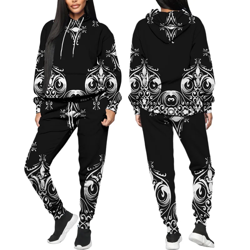 

Autumn Winter Women's Hoodie Matching Trousers 3D Print Two Suit Retro Pattern Same Color Women's Suit Casual Home Jogging Style