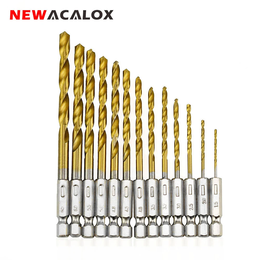 Newacalox Вольфрам Карбид спиральное Бурильные долото Мощность инструмент высокого Скорость Сталь HSS Титан покрытием Бурильные долото 1/4 шестигранным хвостовиком 1.5- 6.5 мм