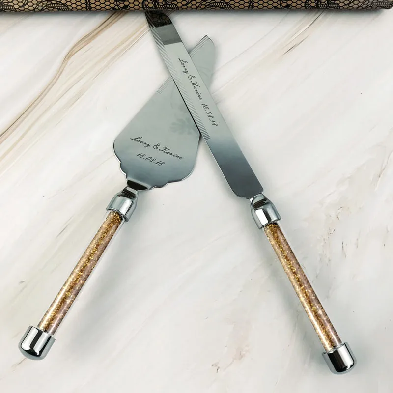 

Personalized Wedding Cake Knife Server Set Crystalline Gold Wedding Glasses Stainless Steel Couteau Mariage Cake Shovel H11230