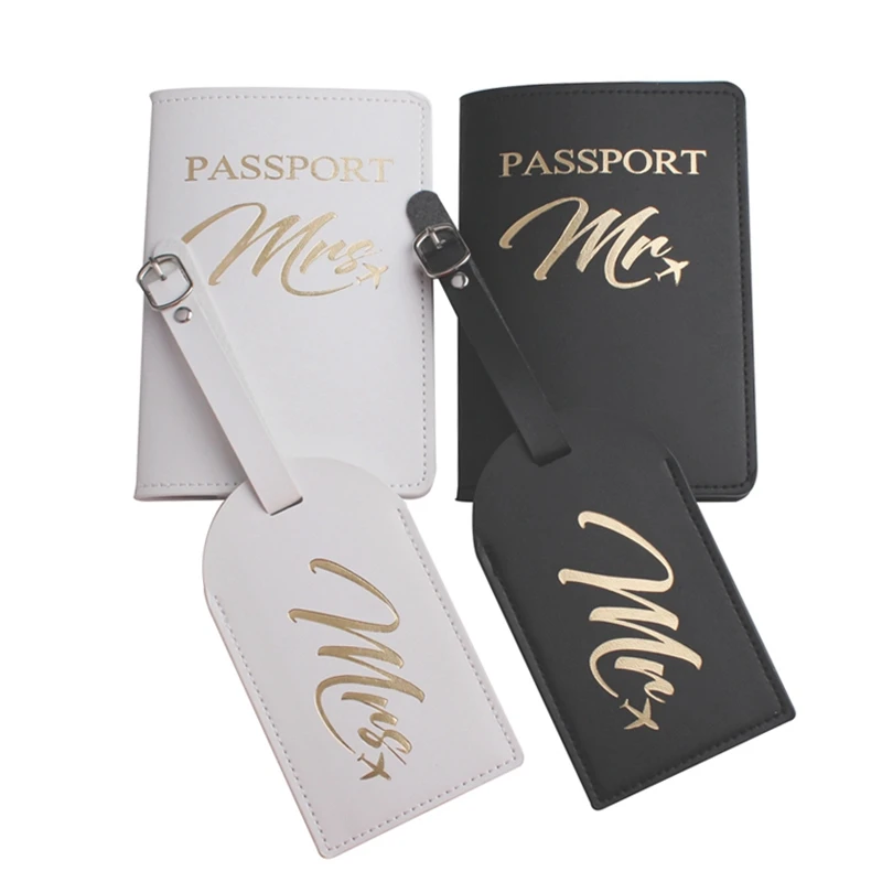 

ANKUCOO Solid MR MRS Passport Cover Luggage Tag Couple wedding Passport Cover Case set Letter Travel Holder Passport Cover AN28