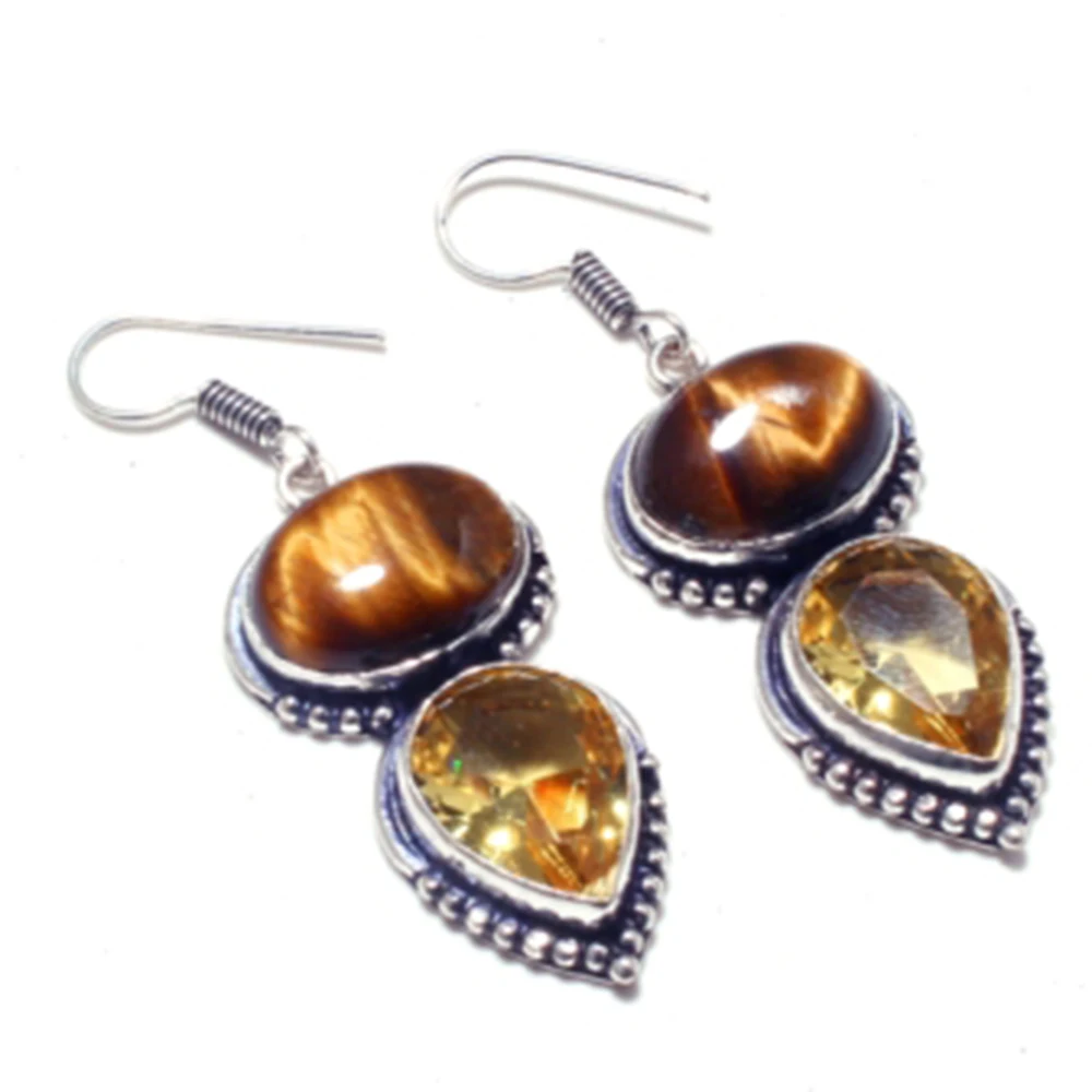 

Tiger Eye + Citrine Silver Overlay on Copper Earrings, 54 mm, E4760