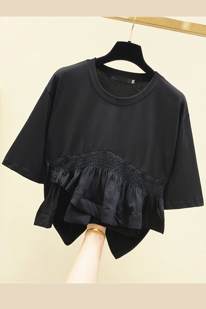

Flounced Crew Neck Pure Cotton Short-sleeved T-shirt Women's 2021 Summer Wear Korean-style Loose-Fit Tshirt Students Tops Tee