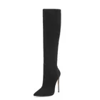 Черные женские сапоги до колена на тонком каблуке, привлекательные белые сапоги из нубука с острым носком, модные сапоги ручной работы на заказ, высокие сапоги 10-12 см