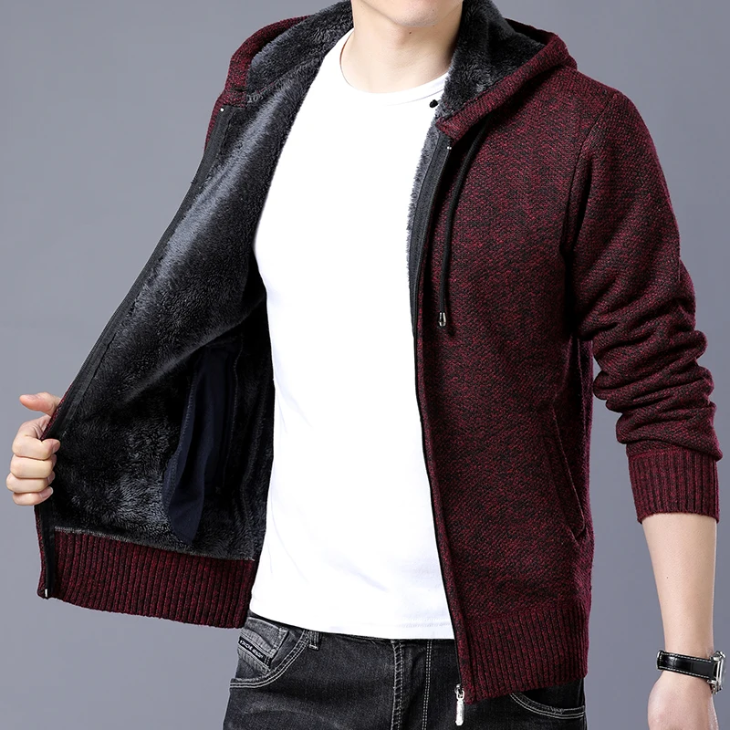 Мужской теплый шерстяной свитер MIACAWOR однотонный трикотажный на молнии с