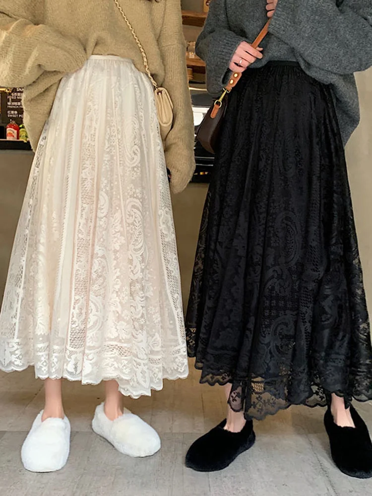 

Spring And Summer Women's Waist Gauze Lace Skirt Thin A A-line Long