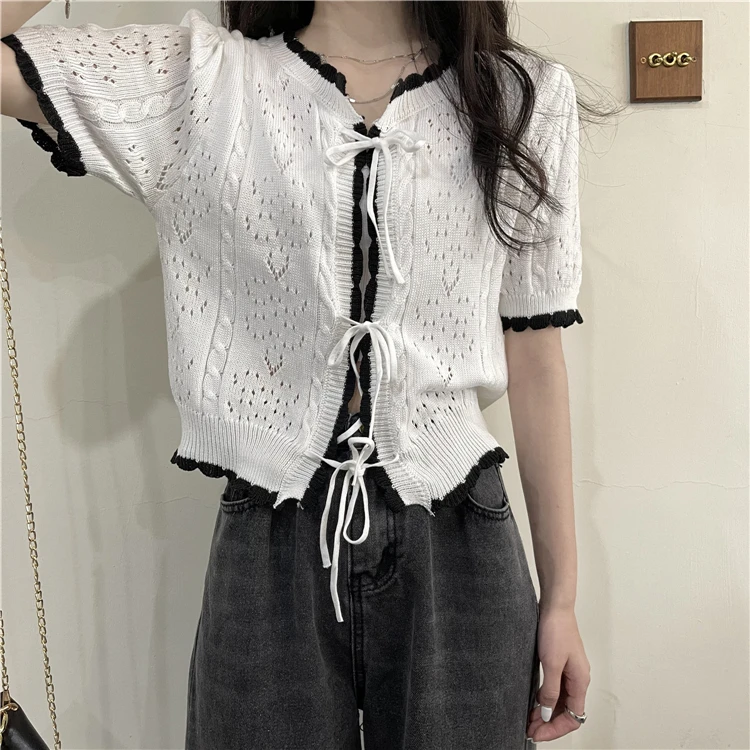

Sweater Tops Women Knitted Summer Hollow Out Patchwork Sweet Short Sweaters Cardigans Lady Laced Slim Crop Tops Female