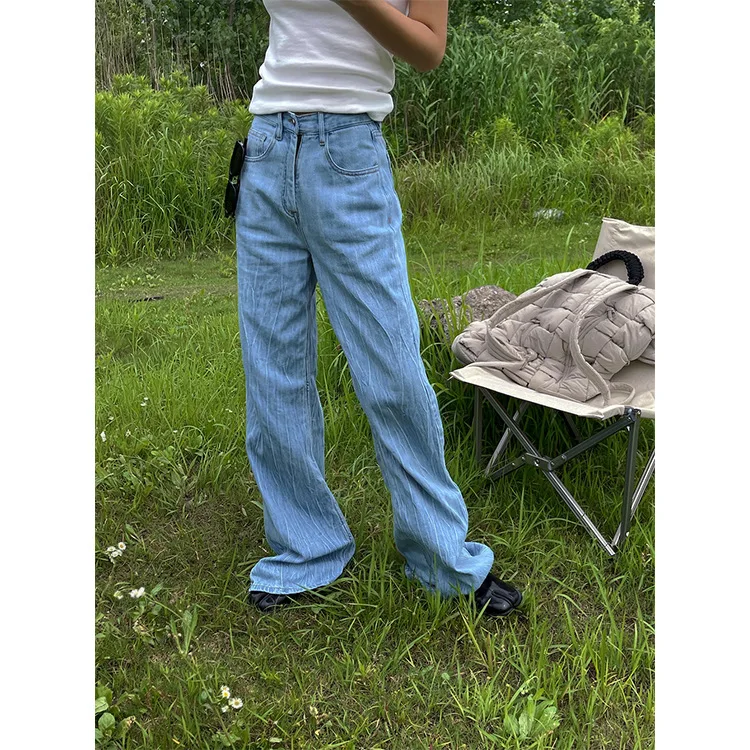 

Summer New Korean Ins Design Fashionable Pleated Light Blue Jeans High Waist Straight Tube Slim Pants