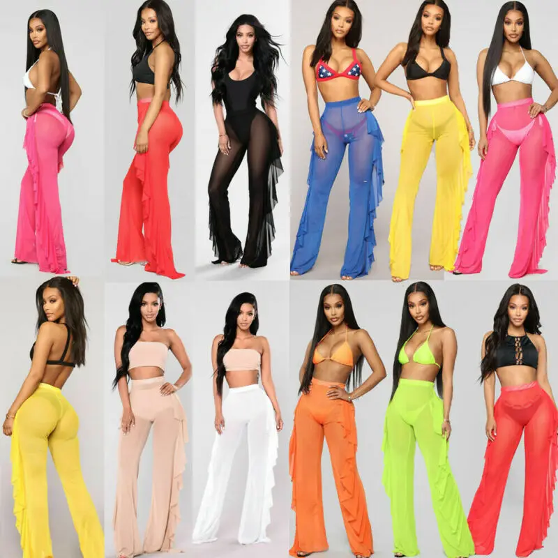 2019 сексуальные женские прозрачные брюки накидка на бикини сетчатые с оборками