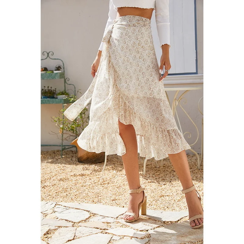 

Summer Female Skirts 2021 Korean High Waist New Print Lace Up Long Skirts Sexy Elegant Split Fork Irregular Style Women A231