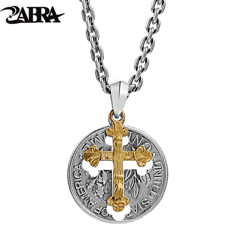 

ZABRA Round Hobo Coin Pendant for Man 925 Solid Silver Golden Cross Charm Biker Men Jewelry