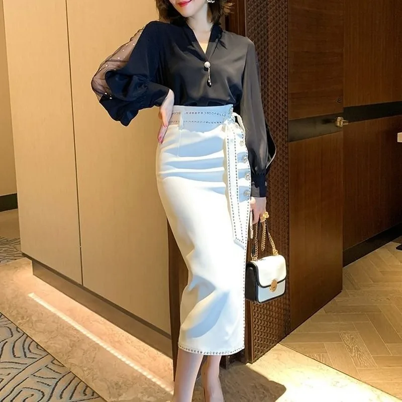 

2021 Spring Autumn New Women Fashion High Waist Lace-up Single Breasted Slim Split Bag Hip Skirt Mid-calf One-step Skirts Y617