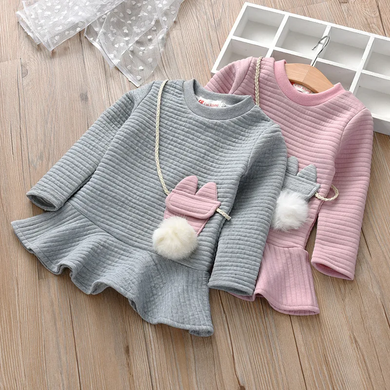 Girls' Clothing Dress 2019 New Girls Dresses Striped Cute Plush Pocket Backpack Princess Kids 2-6Y | Детская одежда и обувь