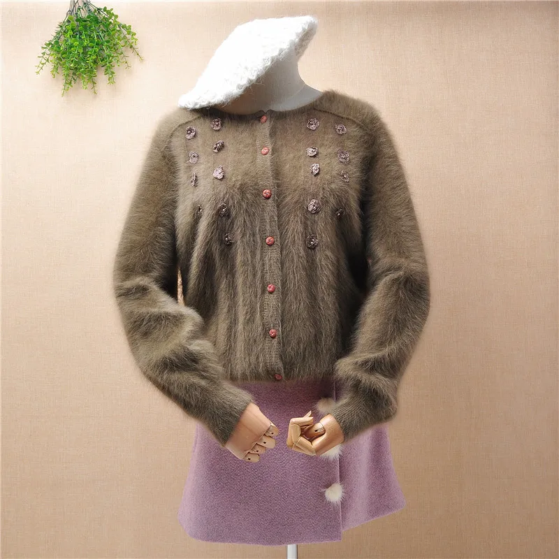 

Женская винтажная бусина из Ангорского кроличьего меха с цветочным принтом, свободные кардиганы с длинными рукавами, зимняя норковая Меховая куртка