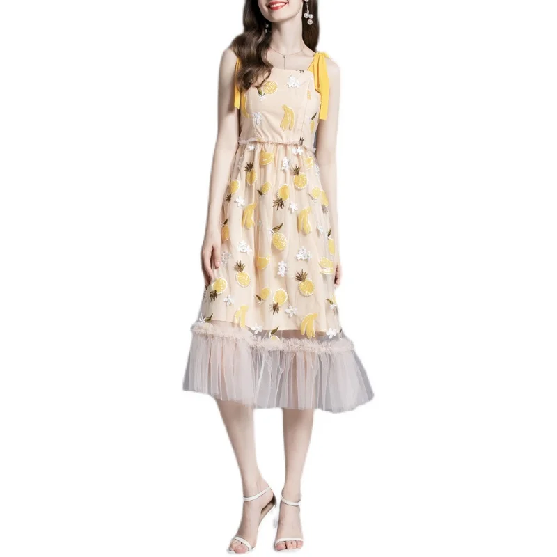 

Halter Bandage Dress Summer New Mesh Embroidery Sequins Dresses Women Spaghetti Strap Boho Sweet Dress Vacation Jupe Longue