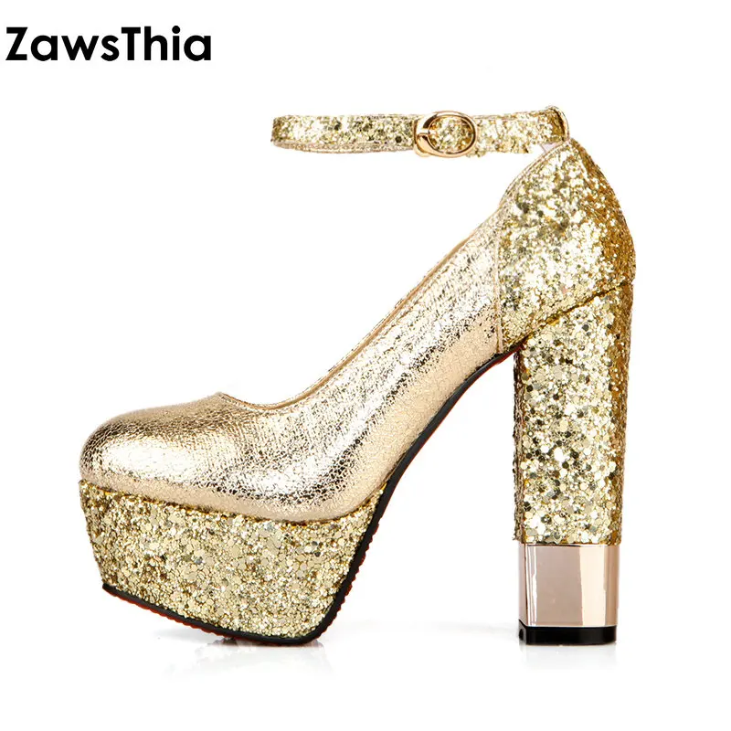 ZawsThia/женские туфли лодочки Блестящие Туфли на каблуке с ремешком щиколотке