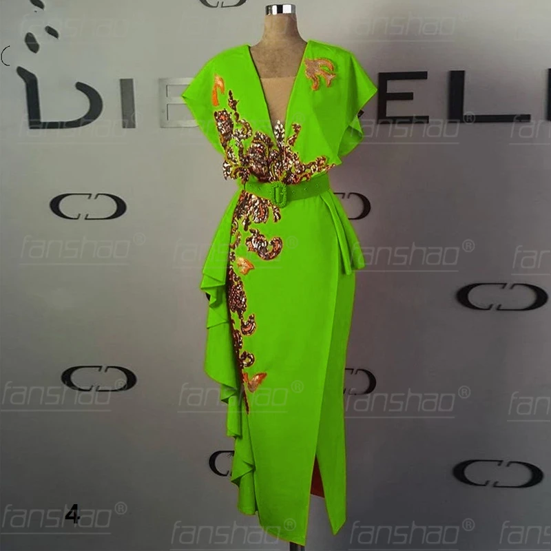 Женское вечернее платье с блестками Fanshao оранжевое золотистой аппликацией и V