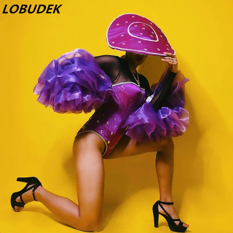 Модный DJ ночной клуб Женский танцевальный костюм фиолетовые стразы прозрачный