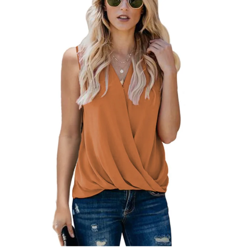 

2021 Summer Women Casual Loose Wrinkled V Neck Ladies Shirts Tank Tops Blouse Sleeveless Tops Camis Female Blouses Plus Size
