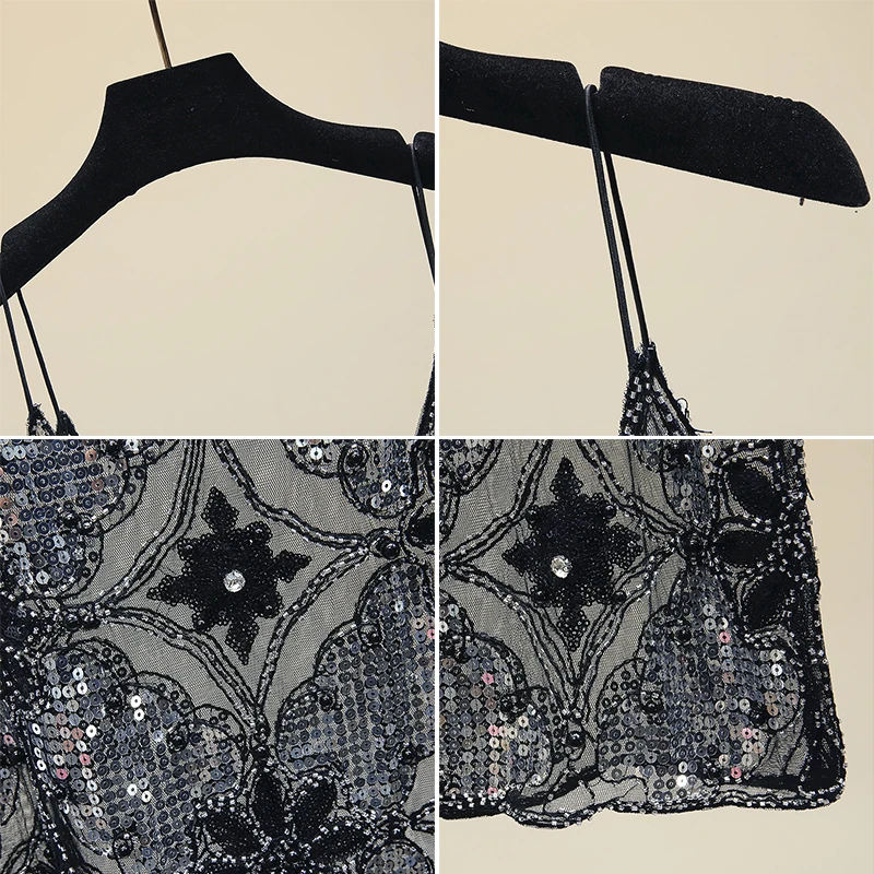 Sexy Sequin Bead Sling 2021 New Summer Female Crop Top Black Camisole Women's Fashionable Knitted Outer Wear Base Shirt