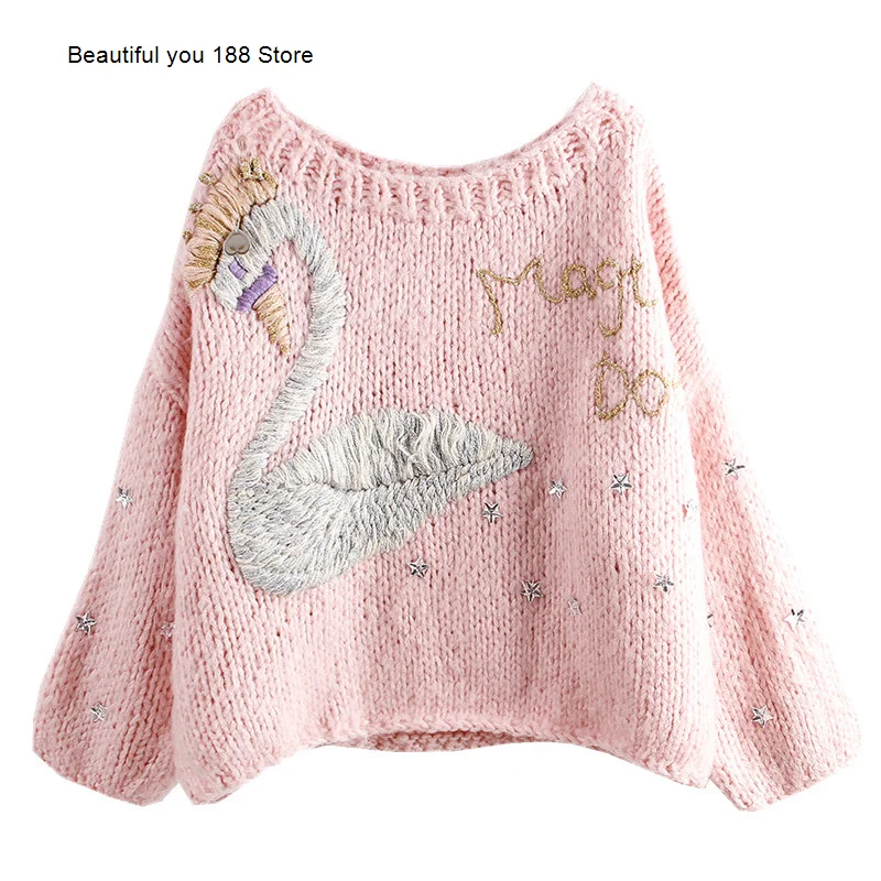 

Swan handmade thick stick needle yellow sweater, female handmade three-dimensional sweet one shoulder fairy sweater with bottom