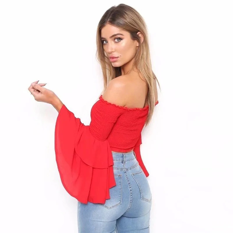 Сексуальный хлопковый укороченный топ 2020 осень с открытыми плечами черный