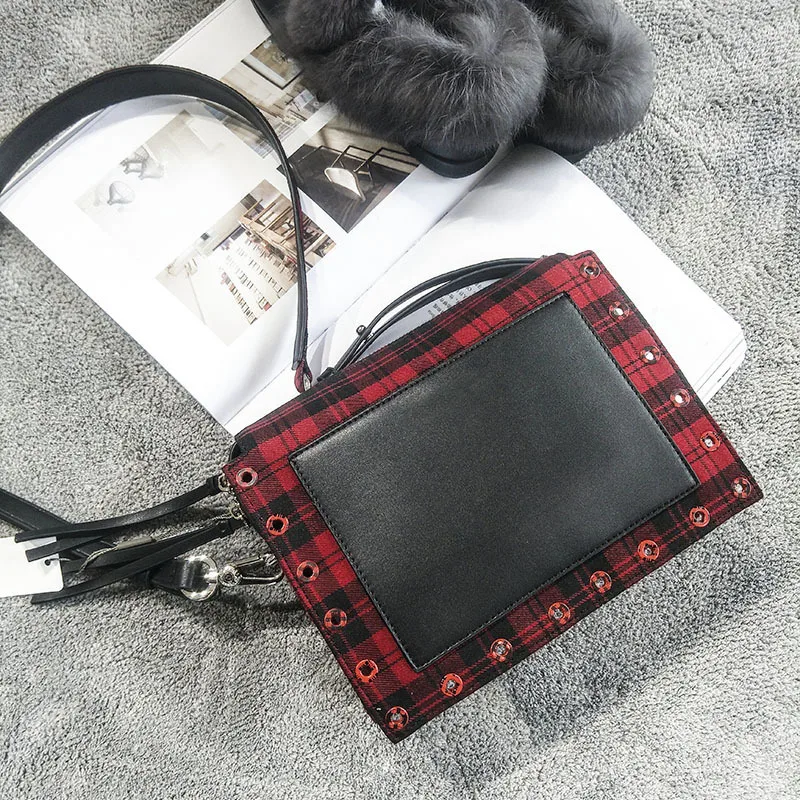 

Ring Hole Panelled Checkered Small Square Bag 2020 Autumn and Winter New Rivet Camera Bag Messenger Shoulder Bags Sac A Main