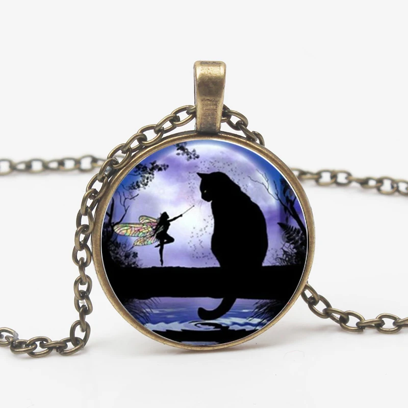Винтажное Гламурное ожерелье Феи черная кошка фото тибетская выпуклая круглая