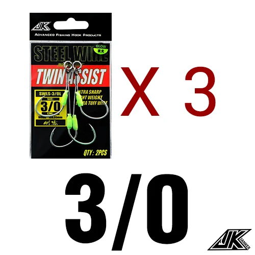 3packs - Size 3 l 0 JK 3 Упаковка износостойкий Вибрационный крючок, стальная проволока, джиг, двойные вспомогательные крючки, светящийся Морской рыболовный крючок, морские крючки, рыболовные снасти для лодки - Цвет: 3packs - Size 3 l 0