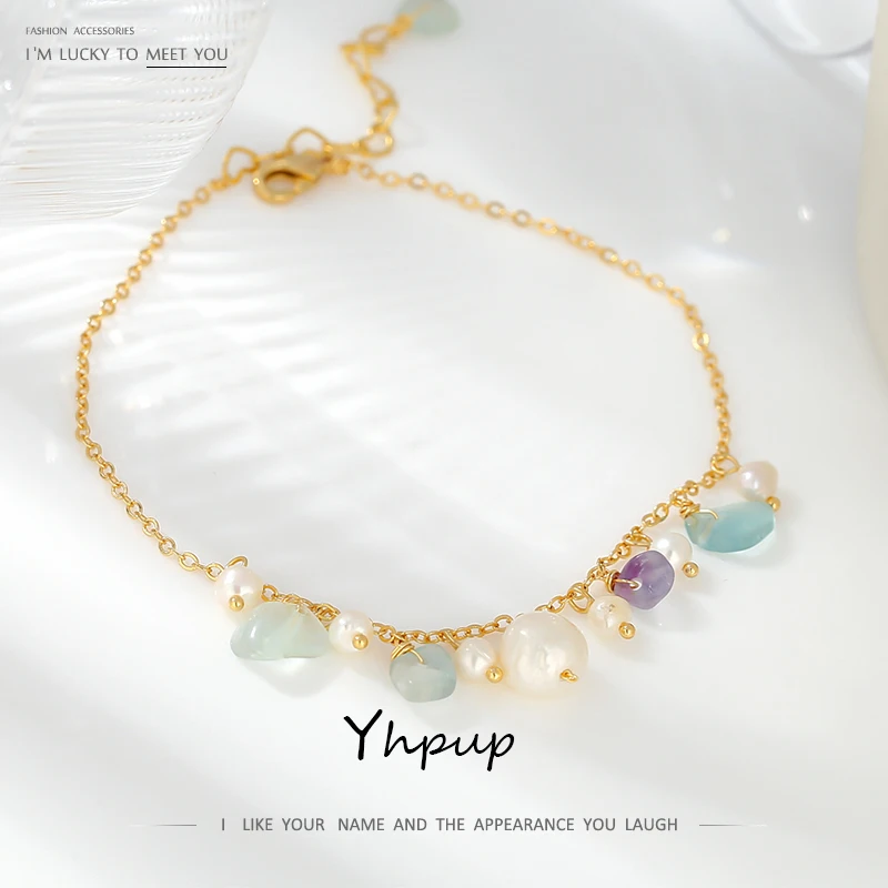 Yhpup Romantic Natural Stone Exquisite Anklets Leg-chain Handmade Pearl Korean Metal Charm Jewelry Temperament for Women Summer