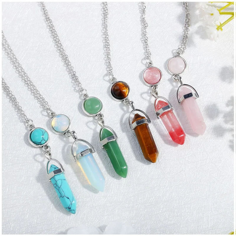 

Fashion opal stone Hexagonal Column Quartz Necklaces for Women Natural Crystal Pendant Necklace Bohemian Statement Jewelry Gift