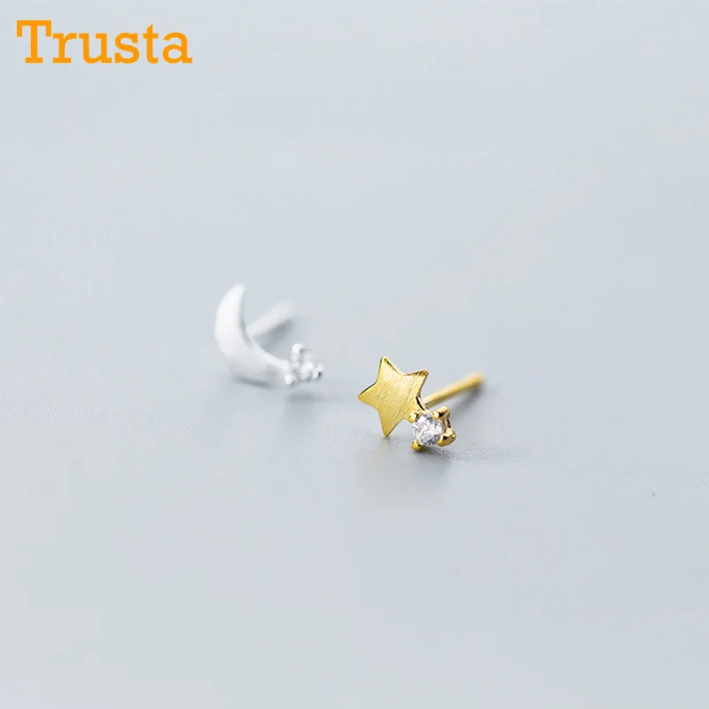 Trusta Настоящее серебро 925 пробы женские ювелирные изделия крошечные Асимметричные золотые серебряные серьги-гвоздики с Луной и звездой для девочек DS630