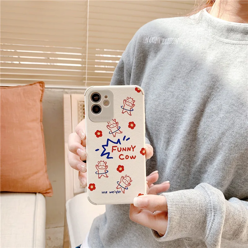 

Cartoon Milk Cow Flower Phone Case For iPhone 11 Pro Max 12 Pro 12Mini X XR XS Max 7 8 Plus Matte Leather Soft IMD Back Cover