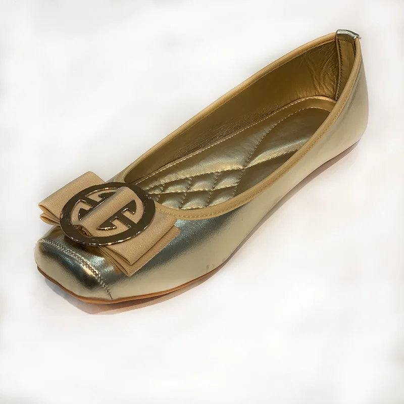 

2021 New Autumn Women Ballet Flats Shoes Women Genuine Leather Metal Round Buckle Fashion Square Toe Shoes For Women Soft