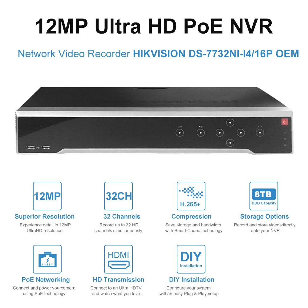Камера видеонаблюдения Hikvision OEM 32 канала 4K NVR 16/20/32 шт. 5 Мп встроенная аудиосвязь |