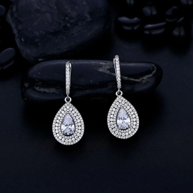 

S925 Sterling Silver Pear 5*8mm Diamonds Double Row High Carbon Diamond Drop Earrings For Women Sparkling Wedding Fine Jewelry