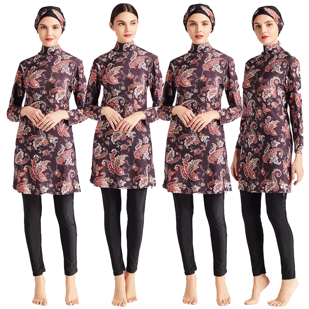 Новая мусульманская женская одежда для плавания с цветочным принтом топы штаны