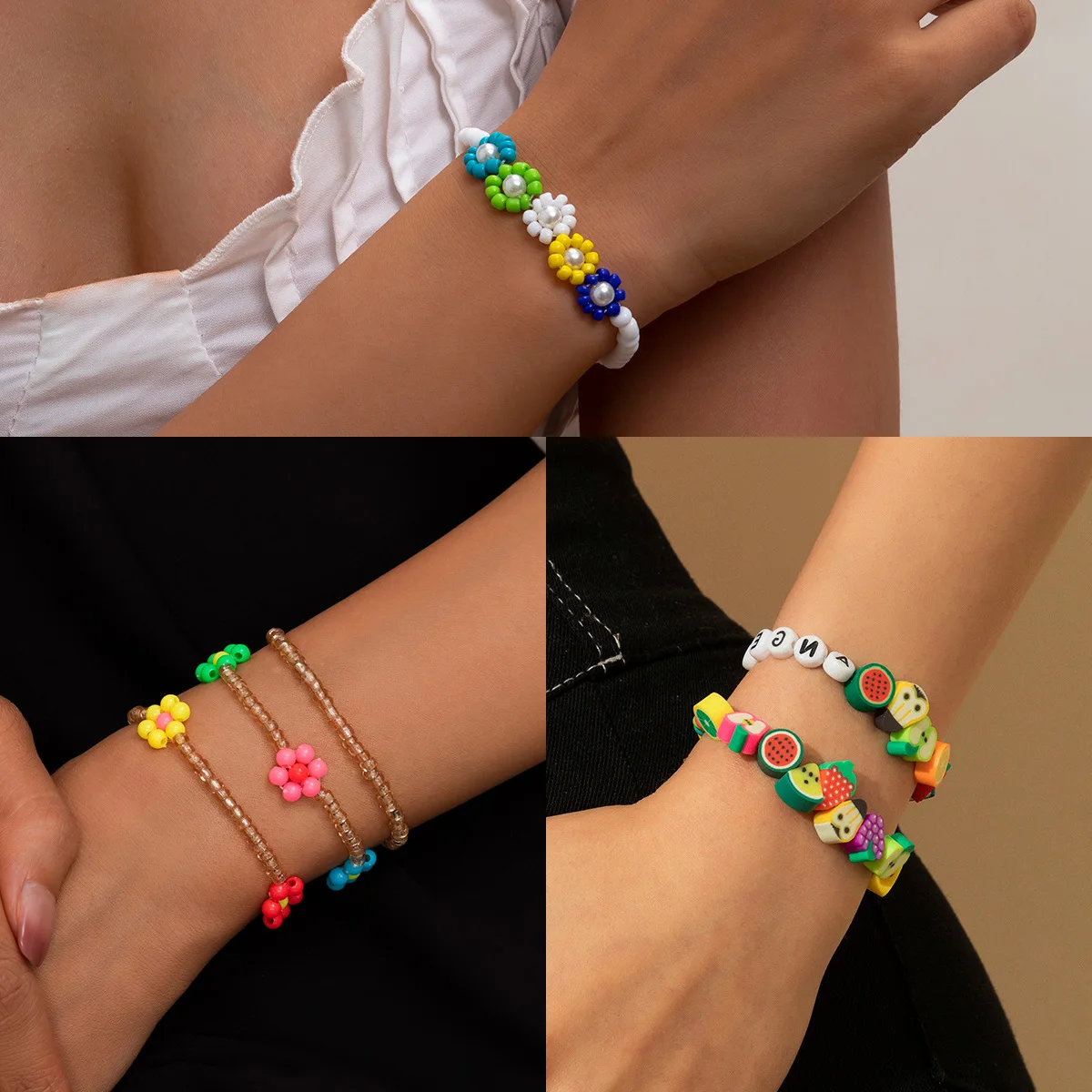 

Women Bohemia Multilayer Elastic Bracelet Set Colorful Cute Bead Flower Heart Pearl Letters Fruit Charm Wrap Bracelet Femme Gift