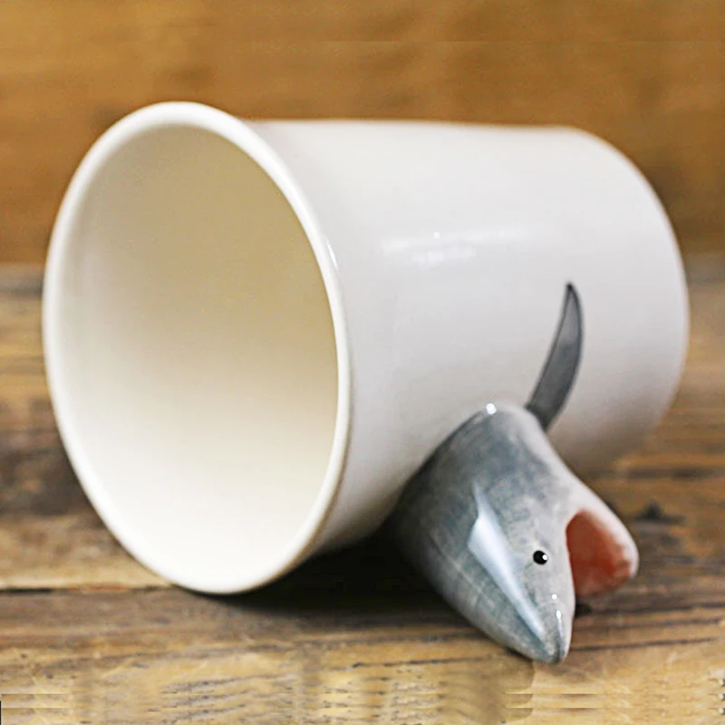 300ml Shark Coffee Cup Creative Animal Ceramic Mug 3D Hand Drawn Cartoon Funny Mugs With handle Boy drinking glass | Дом и сад