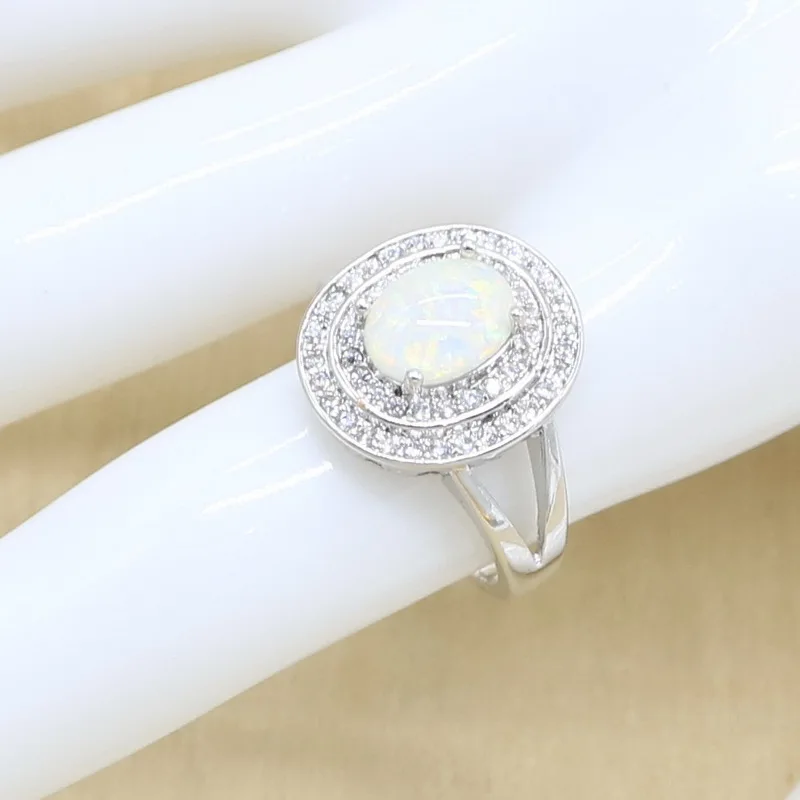 Овальный белый опал ожерелье Кулон Кольцо Серьги серебряного цвета набор