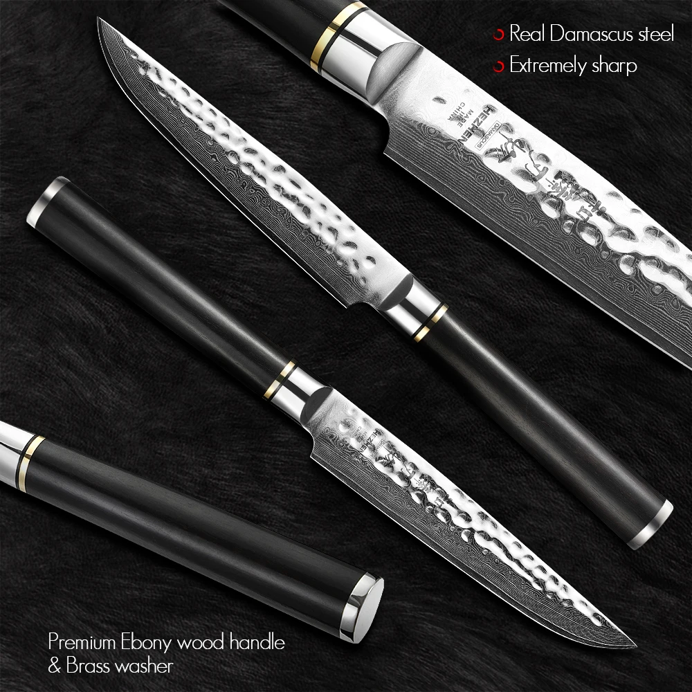HEZHEN Classic Series 5 дюймов нож для стейка 67 слоев Дамасская сталь черное дерево Ручка