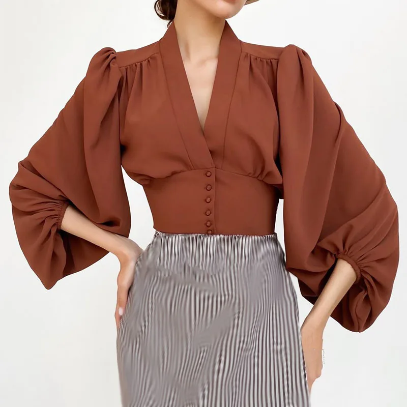 

New Fashion Blouse Elastic Cuff Puff Three Quarter Sleeve V Neck Button up Ladies Shirt Luxury Designer