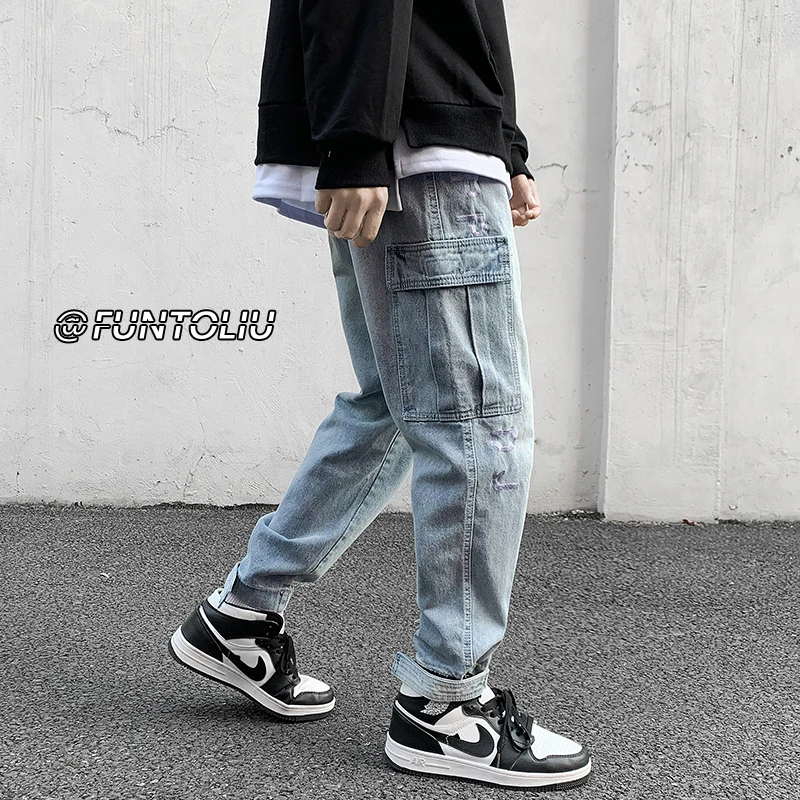 

2022 весенний стиль в гонконгском стиле внешние белые стены оригинальные оснастки Стандартные мужские свободные джинсы до щиколотки