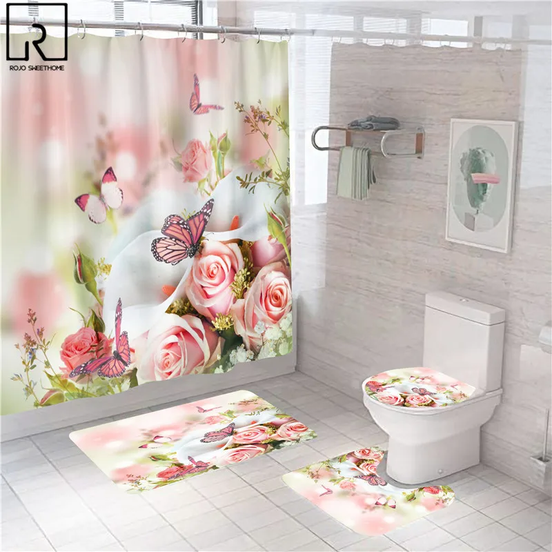 blue red pink rose print shower curtain with hooks bathroom mat set anti slip soft bath carpet lover valentines home decoration free global shipping