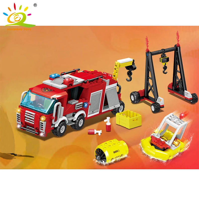 

HUIQIBAO 412Pcs Fire Fighting Trucks Spraying Car Station Building Blocks City Rescue Firefighter Figures Bricks Toys For Child