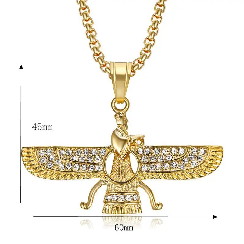 

Hip Hop Iced Out Iran Faravahar Ahura Mazda Zoroastrian Pendant Necklaces Male Gold Color Stainless Steel Chain For Men Jewelry