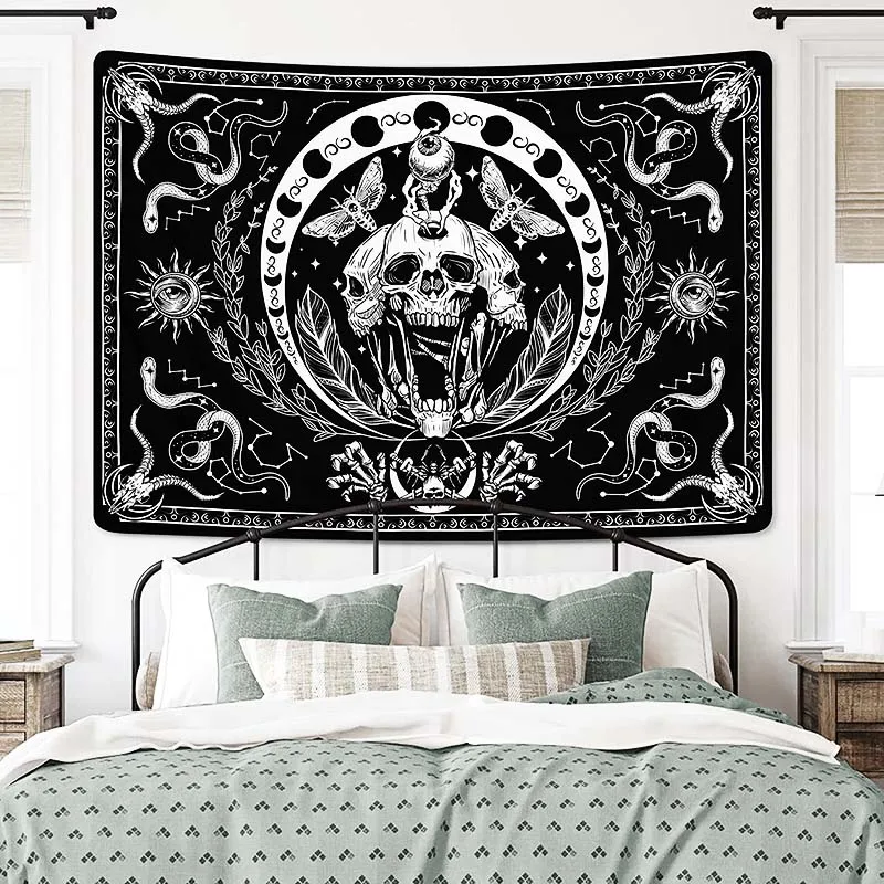 Черно-белый Змеиный гобелен с черепом Таро скелет мандала фаза солнца луна