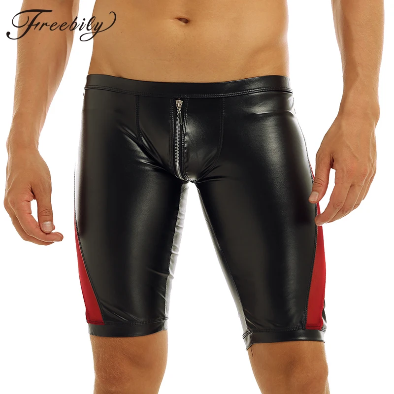 

Stylish and Fashion Black Mens Soft Faux Leather Hot Shorts Zipper Crotch Red Mesh Splice Low Rise Slim Fit Tight Boxer Shorts