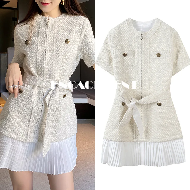 

ENGAGEMENT 2021 Retro Waist Strap Dress Chiffon Stitching Hem Pleated Skirt Short Sleeve