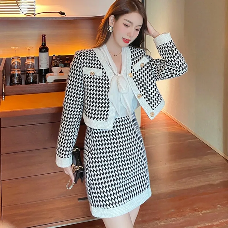 

Runway Fall Winter Women's Clothes Tweed V Neck Houndstooth Woolen Jacket Coat + High Waist Elegant Skirt Two Piece Set Suit