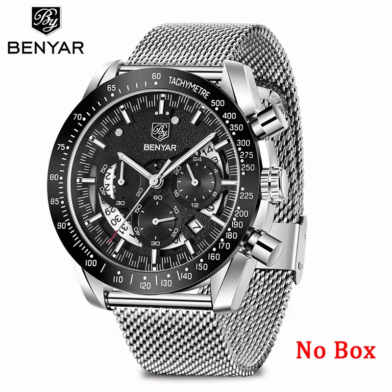 Silver Black No Box BENYAR мужские часы Топ бренд Роскошные часы кварцевые военные наручные часы мужские часы хронограф бизнес часы Relogio Masculino - Цвет: Silver Black No Box